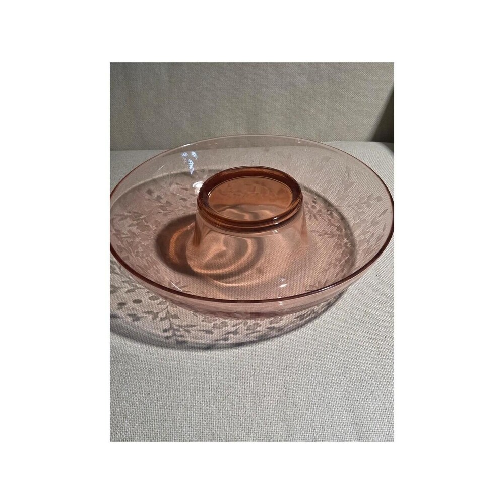 Vintage Pink Depression Glass Centerpiece Bowl Etched Floral Rolled Rim 12 in